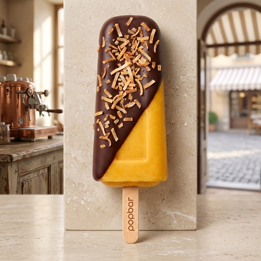 Popbar mango sorbetto pop with dark chocolate dip and toasted coconut, on a marble counter in an Italian cafe