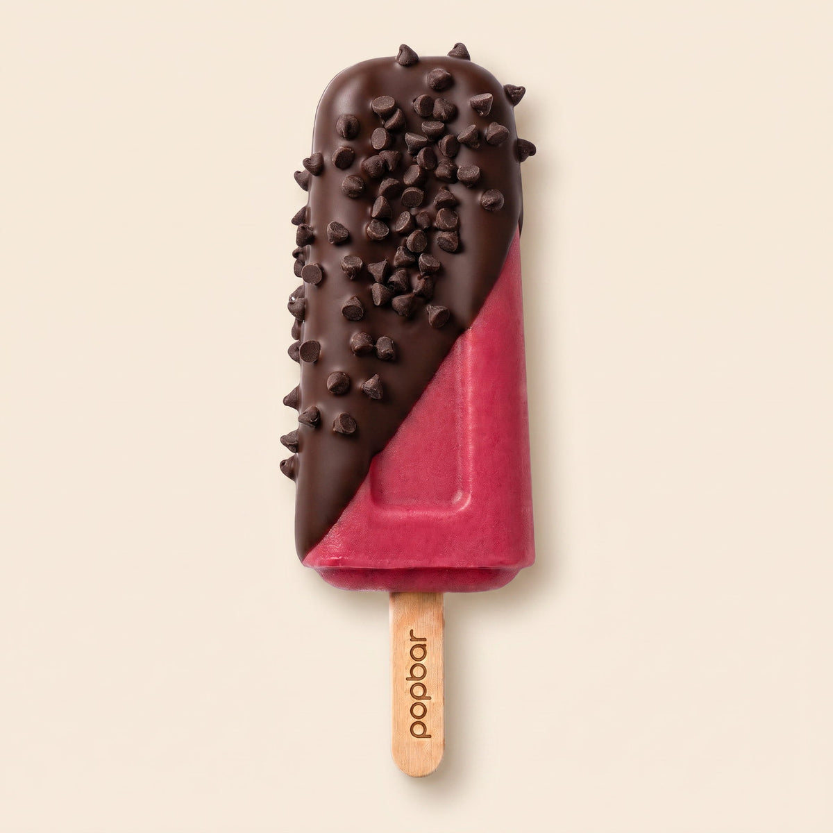 Popbar raspberry sorbetto with dark chocolate dip and mini chocolate chips