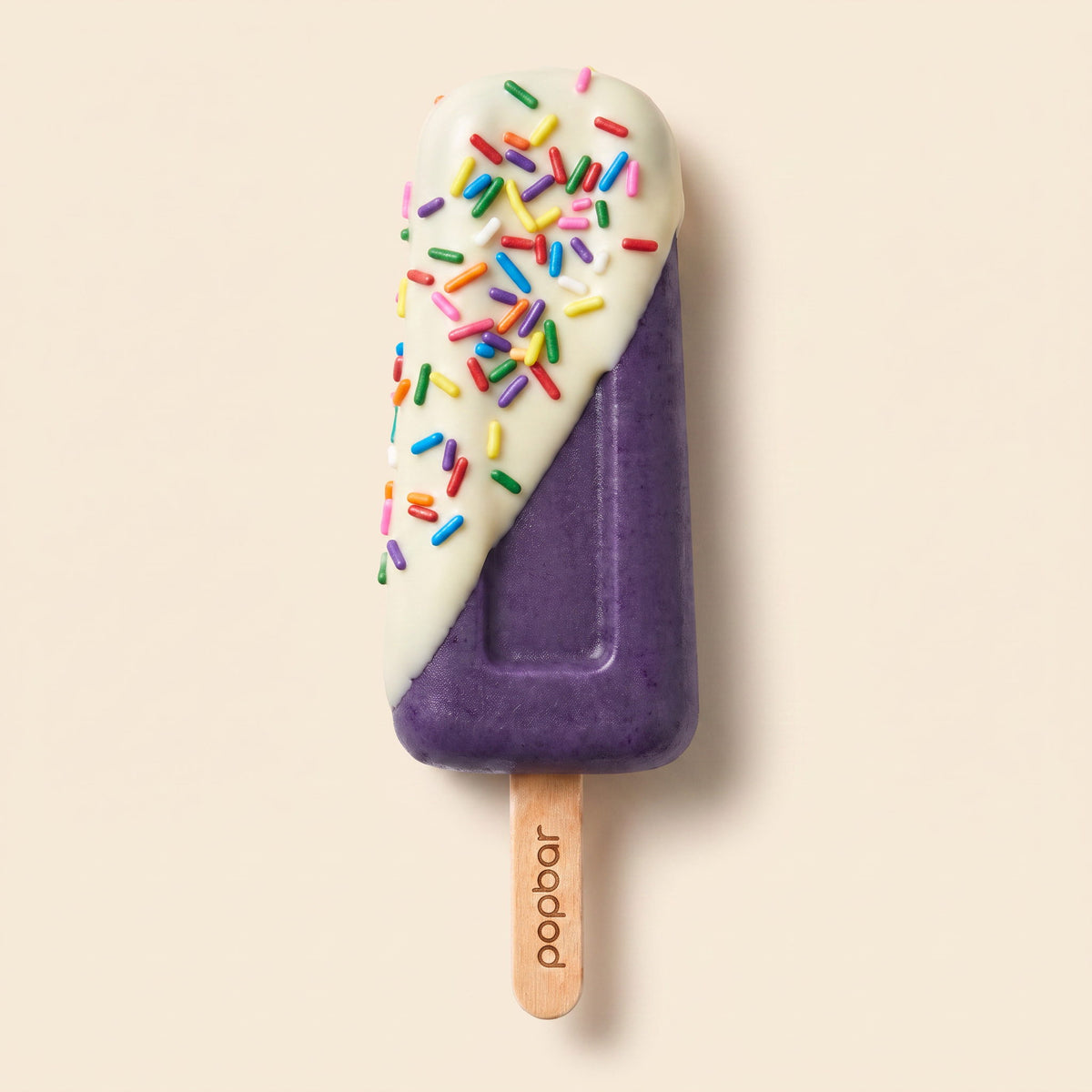 Popbar blueberry sorbetto with white chocolate dip and rainbow sprinkles