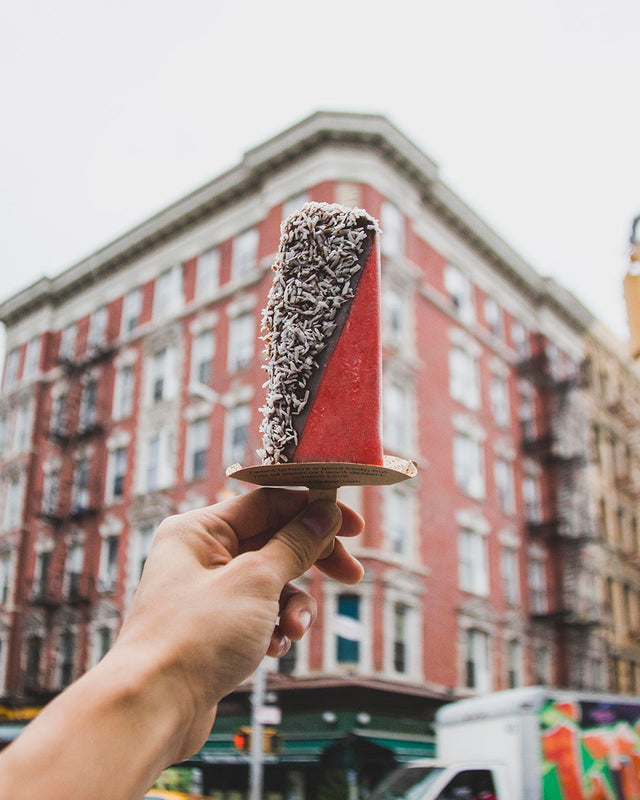 Strawbery fruit sorbet vegan ice cream with dark chocolate dip and shredded coconut topping from Popbar in West Village, New York