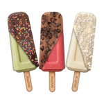 Three Popbar gelato pops hand-dipped in chocolate and finished with toppings: rainbow sprinkles, chocolate chips and toasted coconut.