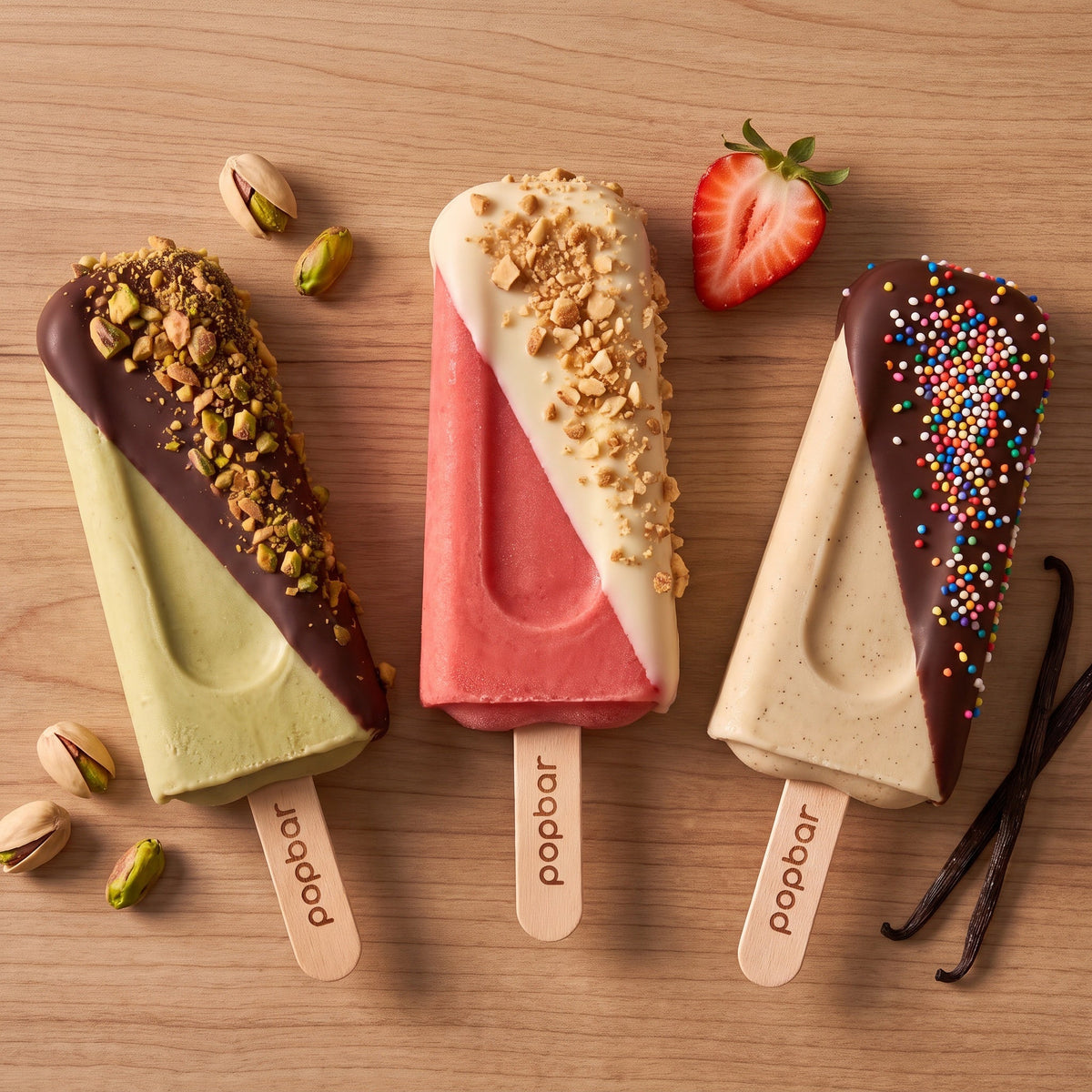 Mixed Pack — close-up of pistachio, strawberry and vanilla pops with toppings