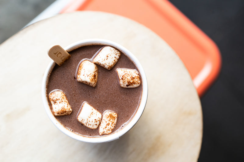 A cup of hot chocolate topped with marshmallow